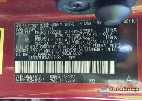 2010 Toyota Highlander Limited V6 из США, поврежденный, VIN 5TDDK3EH3AS037585